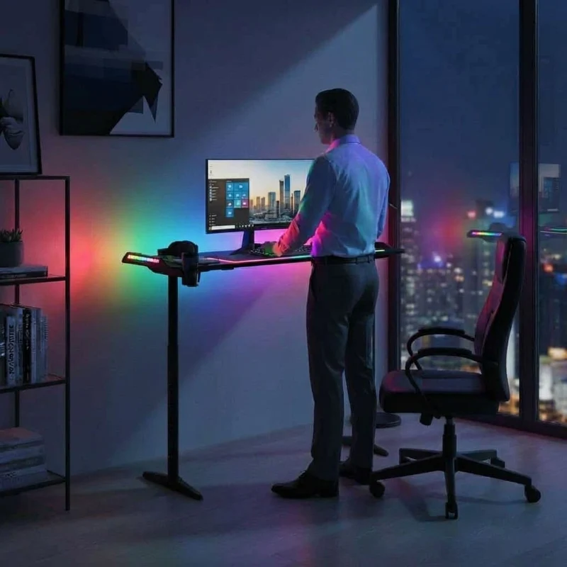 Bureau Gaming Pro XXL 160cm : Station Assis-Debout Ergonomique avec Éclairage RGB Intégré