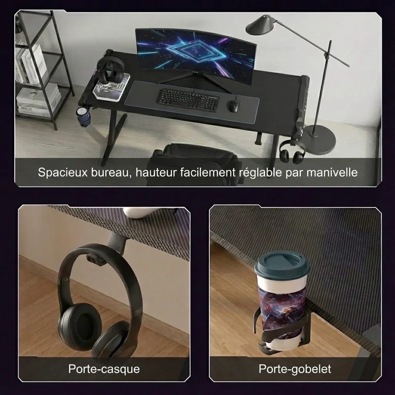 Bureau Gaming Pro XXL 160cm : Station Assis-Debout Ergonomique avec Éclairage RGB Intégré