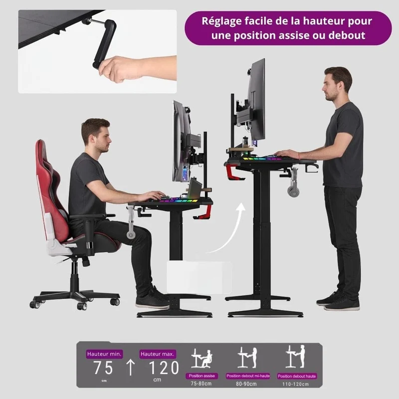 Bureau Gaming Pro XXL 160cm : Station Assis-Debout Ergonomique avec Éclairage RGB Intégré