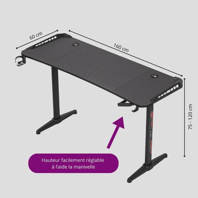 Bureau Gaming Pro XXL 160cm : Station Assis-Debout Ergonomique avec Éclairage RGB Intégré
