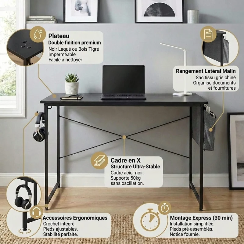 Bureau Bois MDF Compact avec Rangement - 100cm/120cm