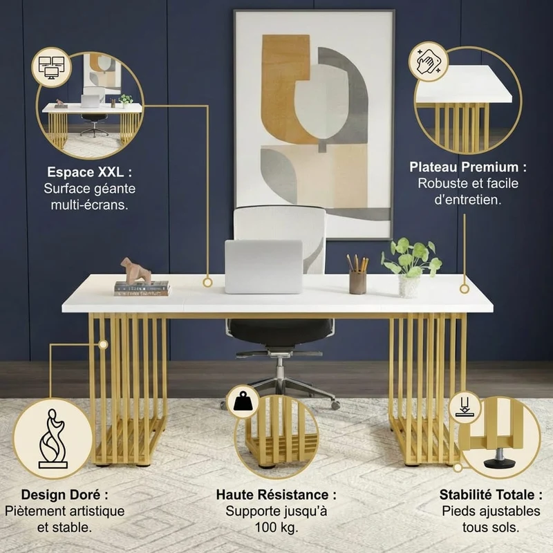 Bureau Bois Moderne 180cm avec Piètement Doré - Station de Travail Exécutive