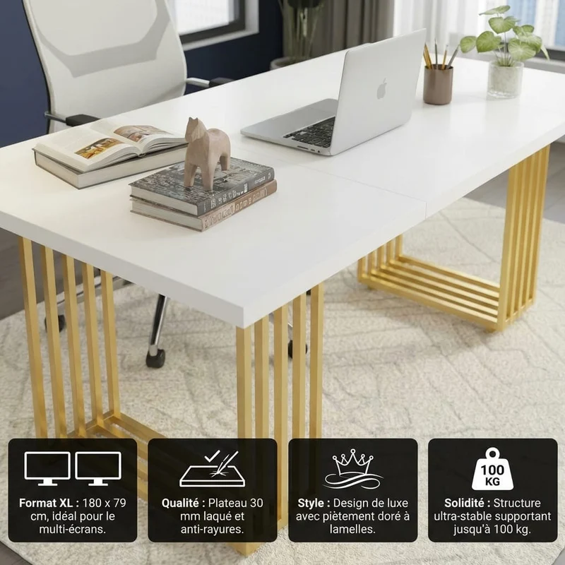 Bureau Bois Moderne 180cm avec Piètement Doré - Station de Travail Exécutive