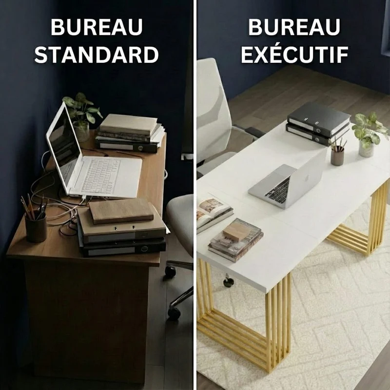 Bureau Bois Moderne 180cm avec Piètement Doré - Station de Travail Exécutive