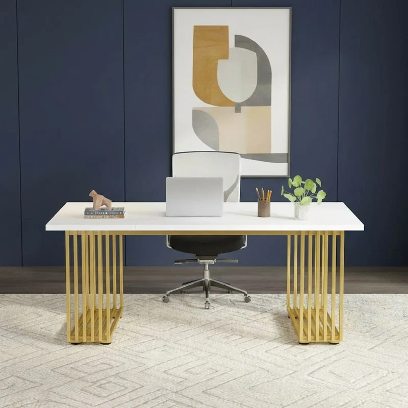 Bureau Bois Moderne 180cm avec Piètement Doré - Station de Travail Exécutive