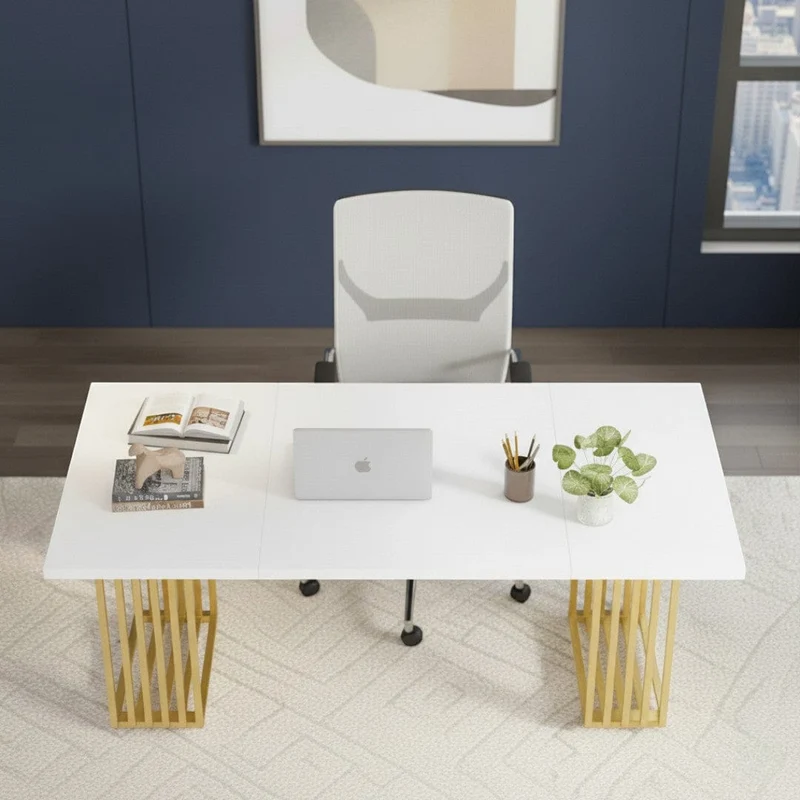 Bureau Bois Moderne 180cm avec Piètement Doré - Station de Travail Exécutive