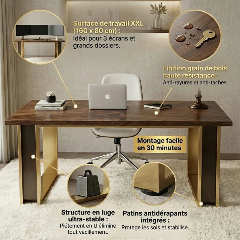 Bureau Design en Bois Massif 160 cm – Station de Travail Premium & Structure Luge Ultra-Stable
