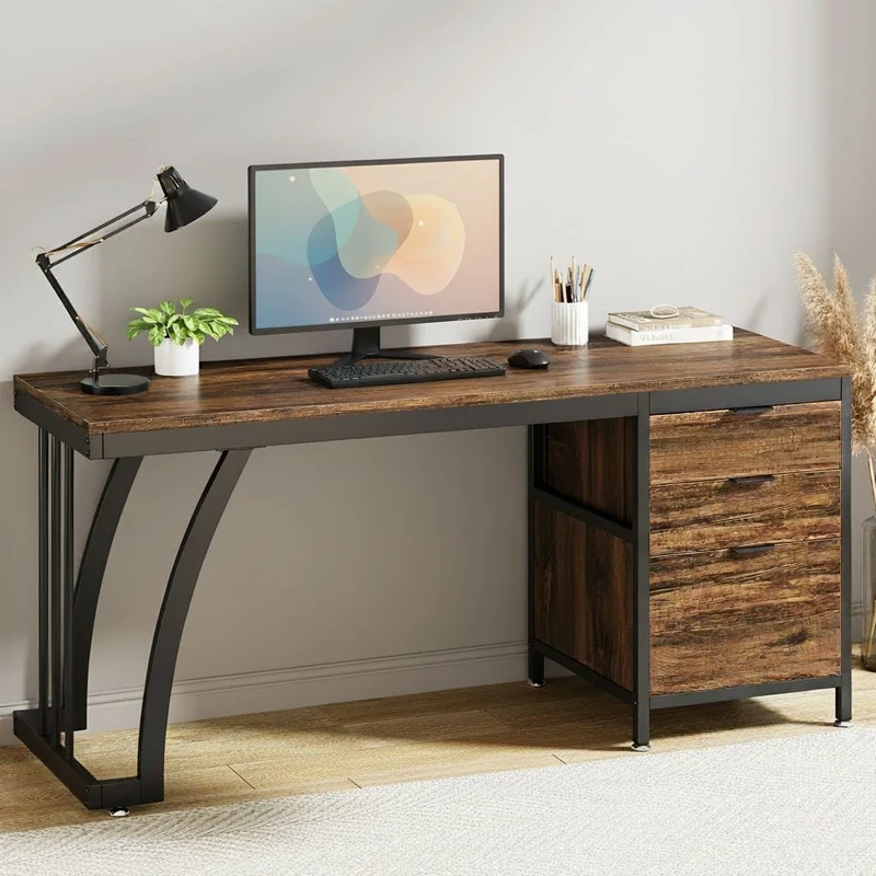 Bureau Industriel Premium 150 cm – Bois Vieilli & Acier Noir – 3 Tiroirs Modulables