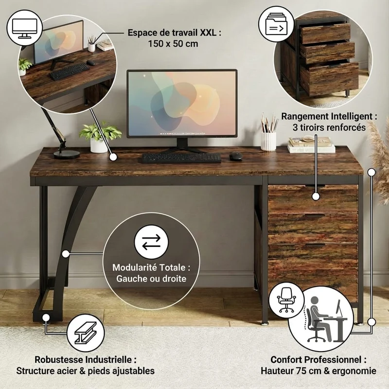 Bureau Industriel Premium 150 cm – Bois Vieilli & Acier Noir – 3 Tiroirs Modulables