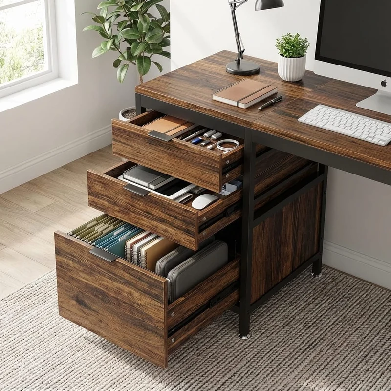 Bureau Industriel Premium 150 cm – Bois Vieilli & Acier Noir – 3 Tiroirs Modulables