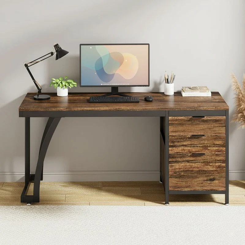Bureau Industriel Premium 150 cm – Bois Vieilli & Acier Noir – 3 Tiroirs Modulables