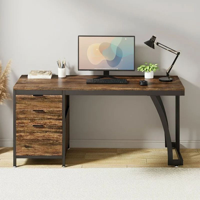 Bureau Industriel Premium 150 cm – Bois Vieilli & Acier Noir – 3 Tiroirs Modulables