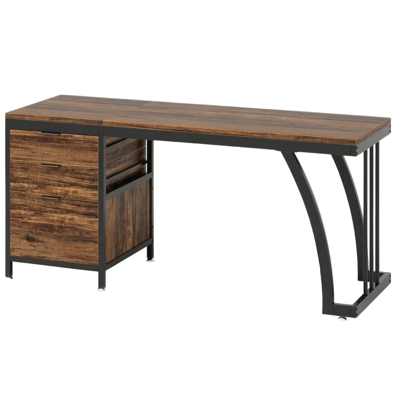 Bureau Industriel Premium 150 cm – Bois Vieilli & Acier Noir – 3 Tiroirs Modulables
