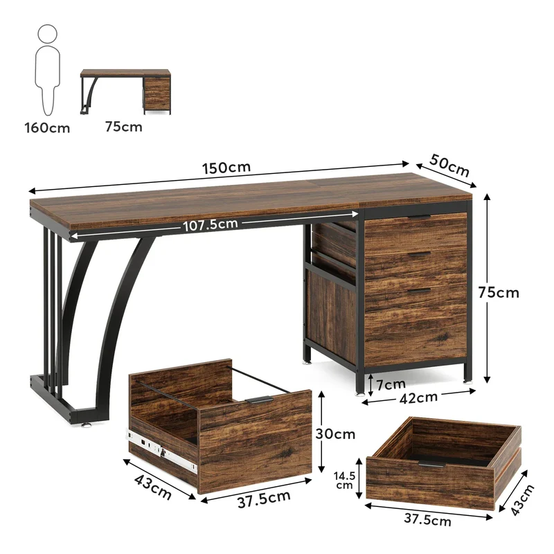 Bureau Industriel Premium 150 cm – Bois Vieilli & Acier Noir – 3 Tiroirs Modulables