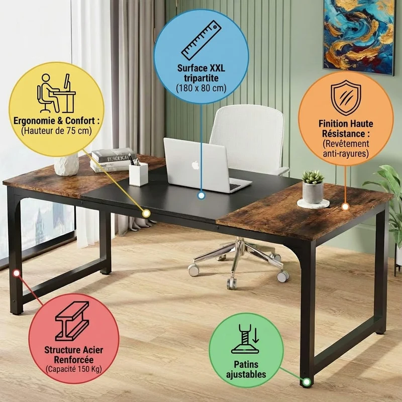 Bureau XXL Industrial Pro 180 cm : La Station de Travail Ultime pour une Productivité Sans Limites