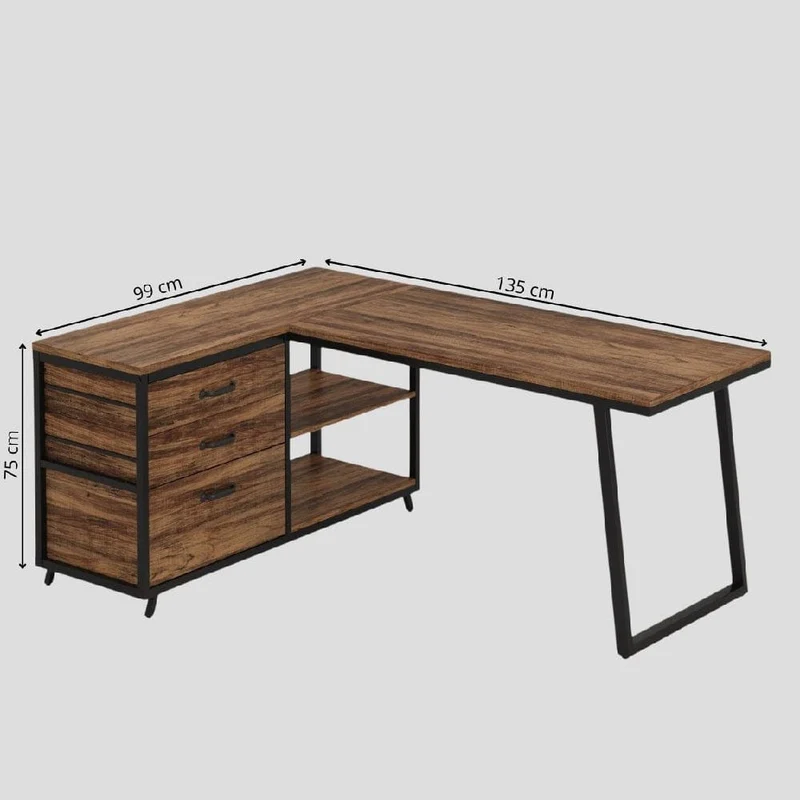 Bureau d'Angle en L avec 3 Tiroirs et Étagères - Station de Travail Industrielle 135 cm