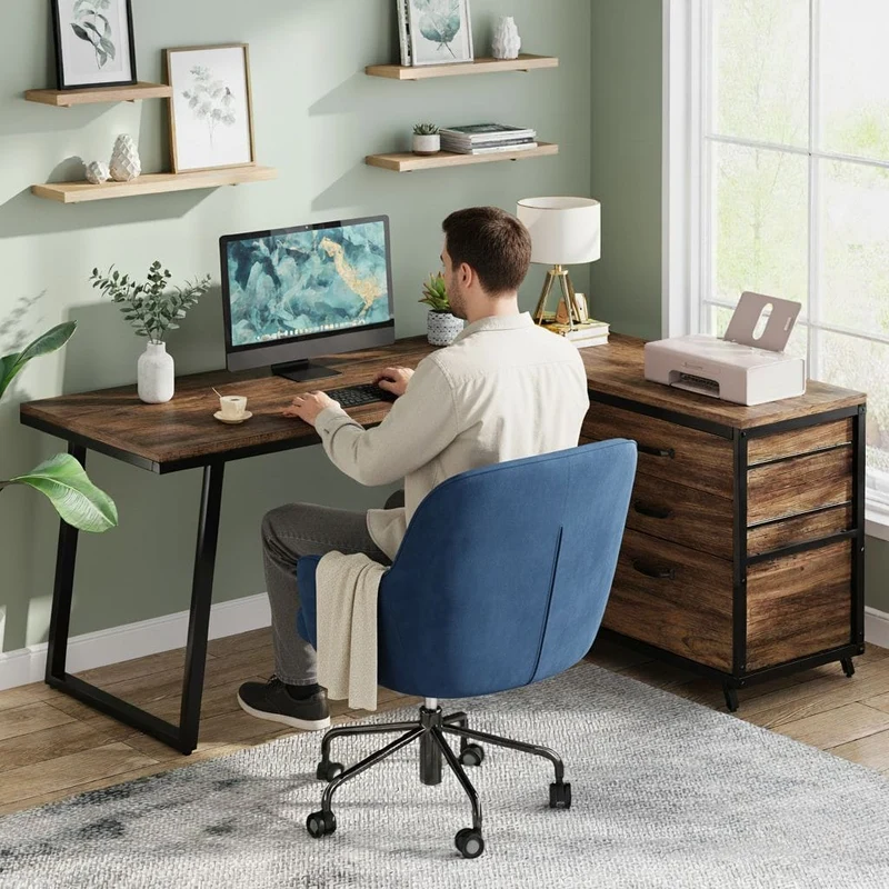 Bureau d'Angle en L avec 3 Tiroirs et Étagères - Station de Travail Industrielle 135 cm