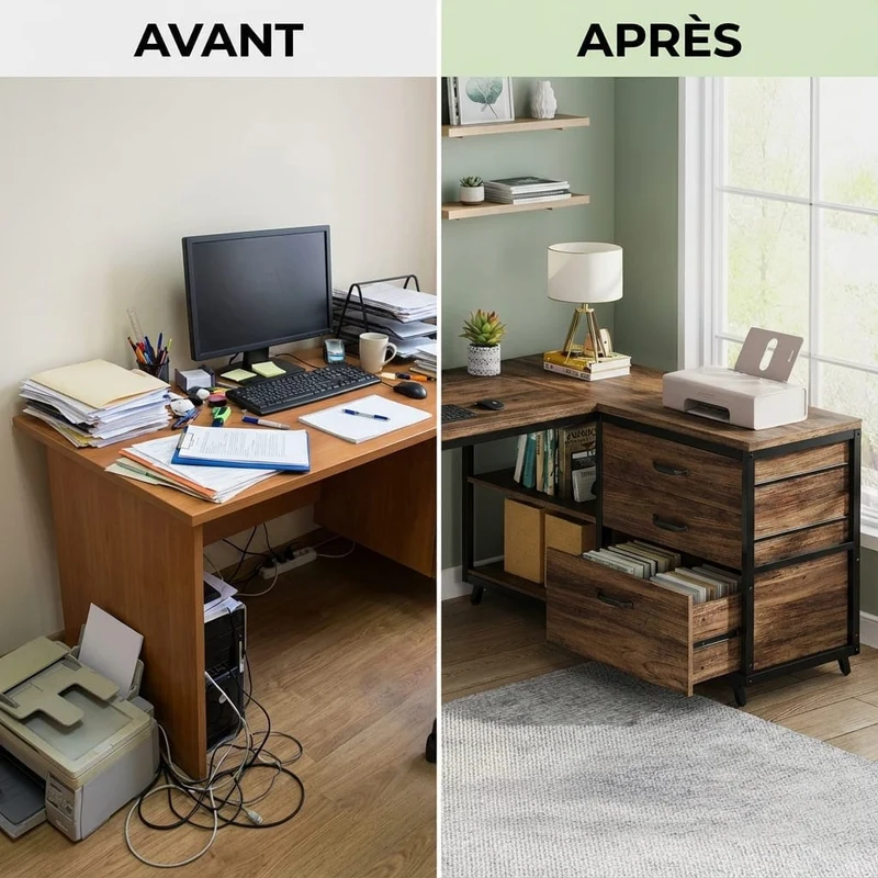 Bureau d'Angle en L avec 3 Tiroirs et Étagères - Station de Travail Industrielle 135 cm