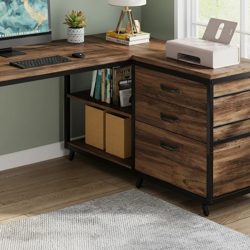 Bureau d'Angle en L avec 3 Tiroirs et Étagères - Station de Travail Industrielle 135 cm