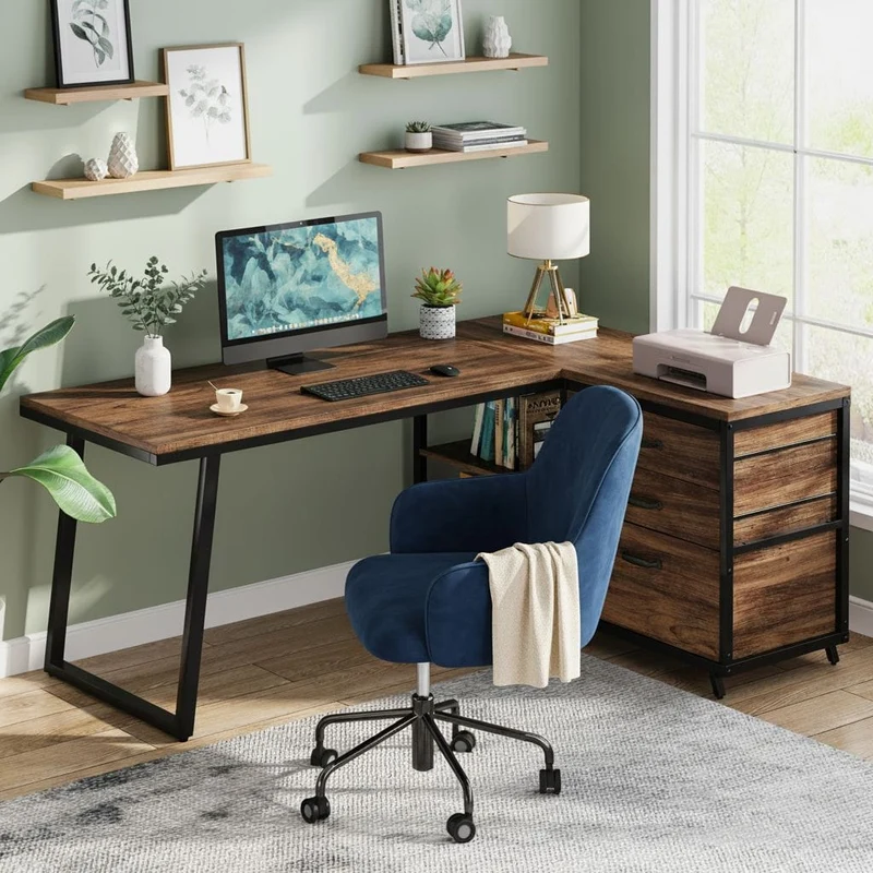 Bureau d'Angle en L avec 3 Tiroirs et Étagères - Station de Travail Industrielle 135 cm