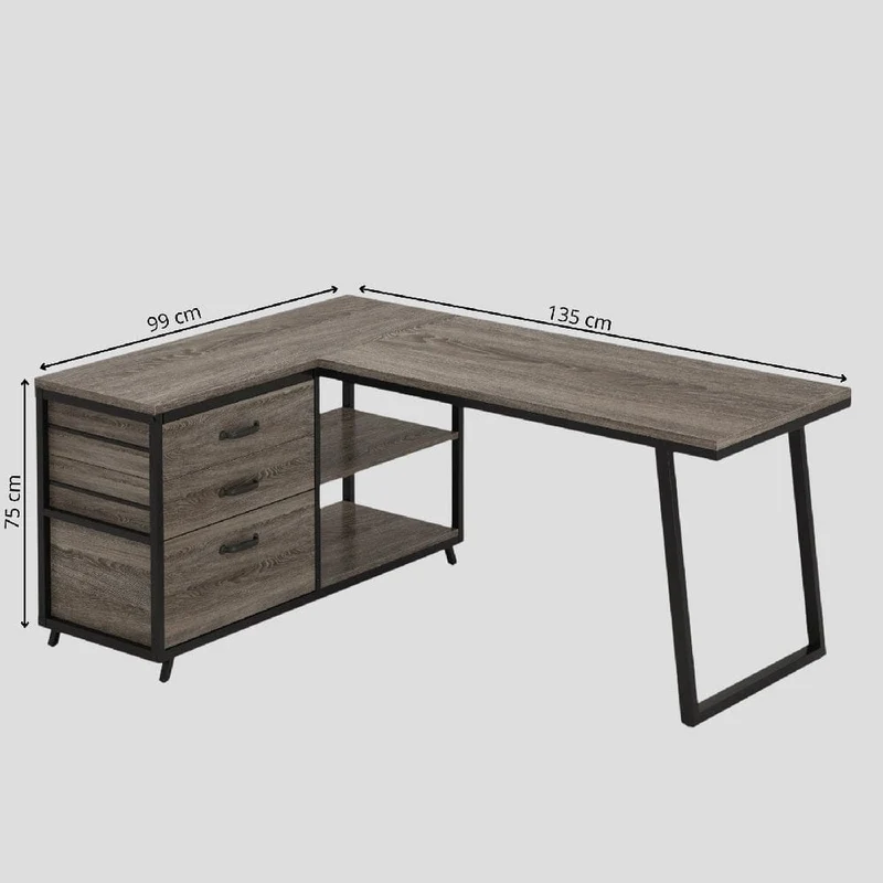 Bureau d'Angle en L avec 3 Tiroirs et Étagères - Station de Travail Industrielle 135 cm
