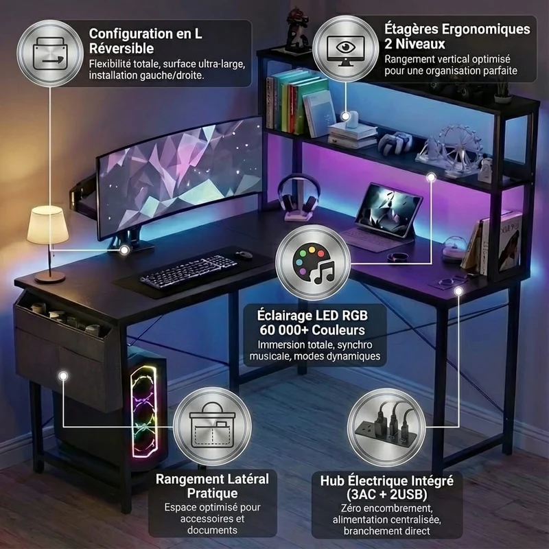 Bureau d’Angle Pro & Gaming 135x100 cm – Setup LED RGB Immersif, Hub Électrique Intégré & Ergonomie XL