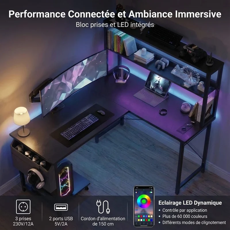 Bureau d’Angle Pro & Gaming 135x100 cm – Setup LED RGB Immersif, Hub Électrique Intégré & Ergonomie XL