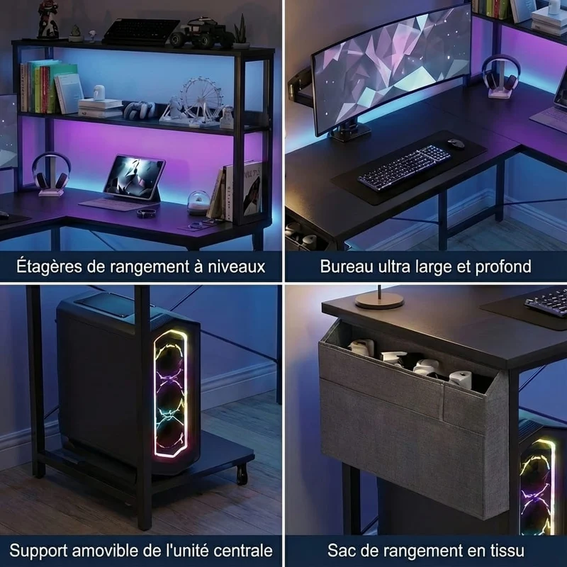 Bureau d’Angle Pro & Gaming 135x100 cm – Setup LED RGB Immersif, Hub Électrique Intégré & Ergonomie XL