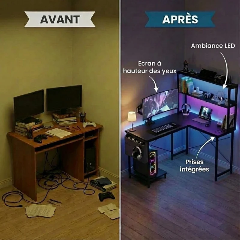 Bureau d’Angle Pro & Gaming 135x100 cm – Setup LED RGB Immersif, Hub Électrique Intégré & Ergonomie XL