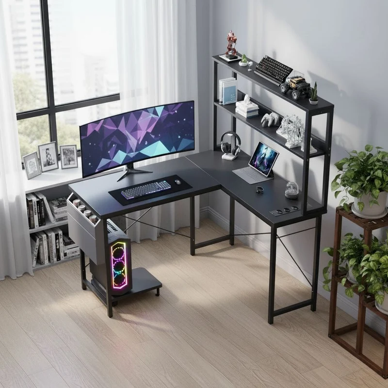 Bureau d’Angle Pro & Gaming 135x100 cm – Setup LED RGB Immersif, Hub Électrique Intégré & Ergonomie XL