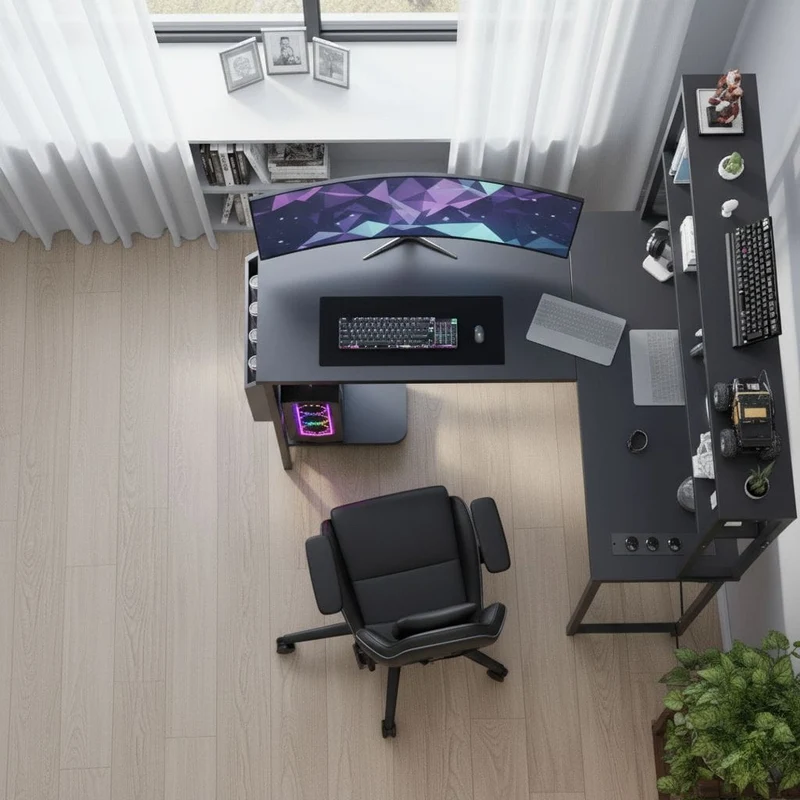 Bureau d’Angle Pro & Gaming 135x100 cm – Setup LED RGB Immersif, Hub Électrique Intégré & Ergonomie XL
