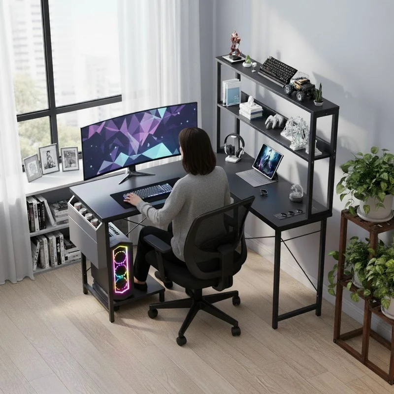 Bureau d’Angle Pro & Gaming 135x100 cm – Setup LED RGB Immersif, Hub Électrique Intégré & Ergonomie XL
