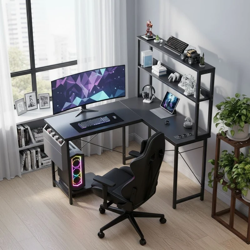 Bureau d’Angle Pro & Gaming 135x100 cm – Setup LED RGB Immersif, Hub Électrique Intégré & Ergonomie XL