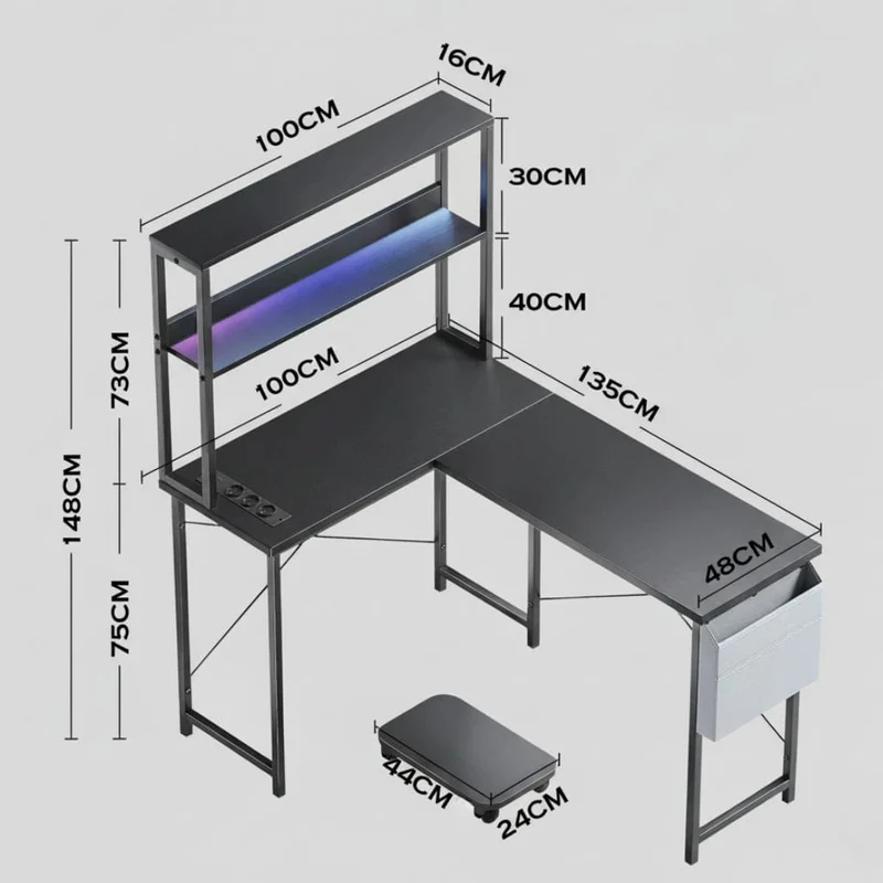 Bureau d’Angle Pro & Gaming 135x100 cm – Setup LED RGB Immersif, Hub Électrique Intégré & Ergonomie XL