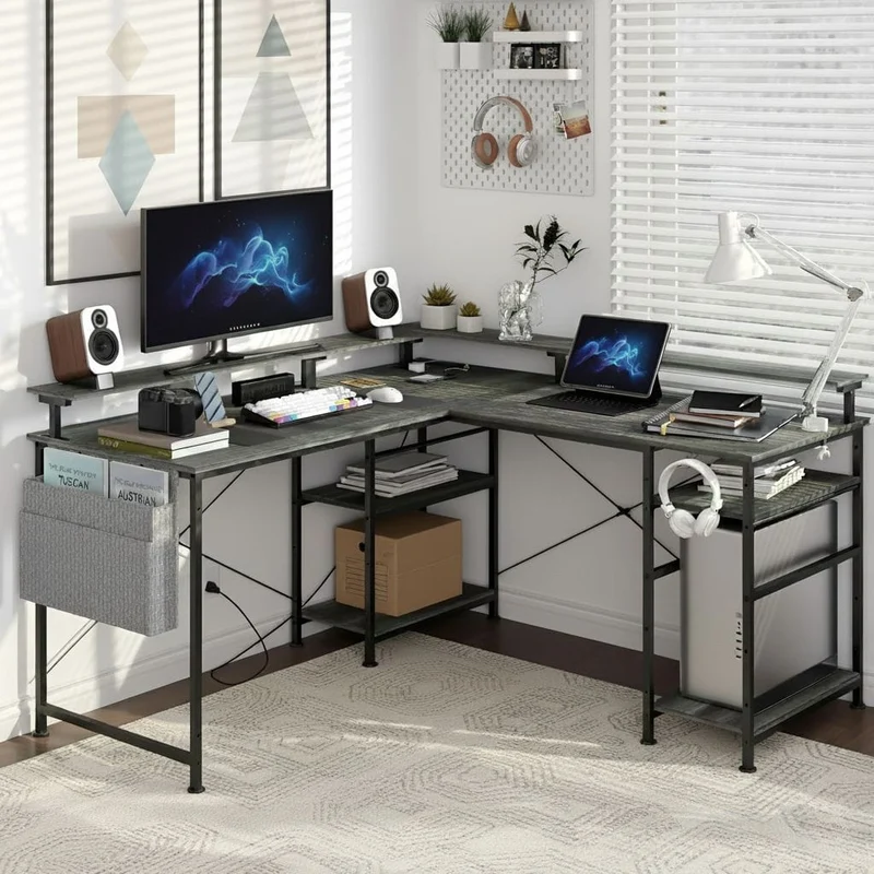 Bureau d'Angle Modulable avec LED RGB et Multiprise Intégrée - Configuration Gaming et Télétravail