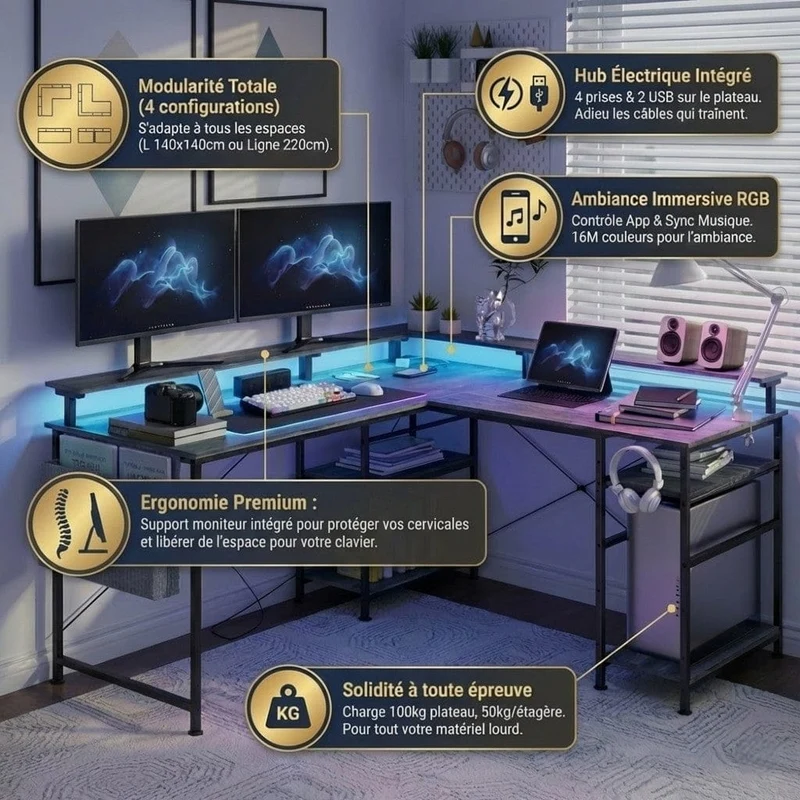 Bureau d'Angle Modulable avec LED RGB et Multiprise Intégrée - Configuration Gaming et Télétravail
