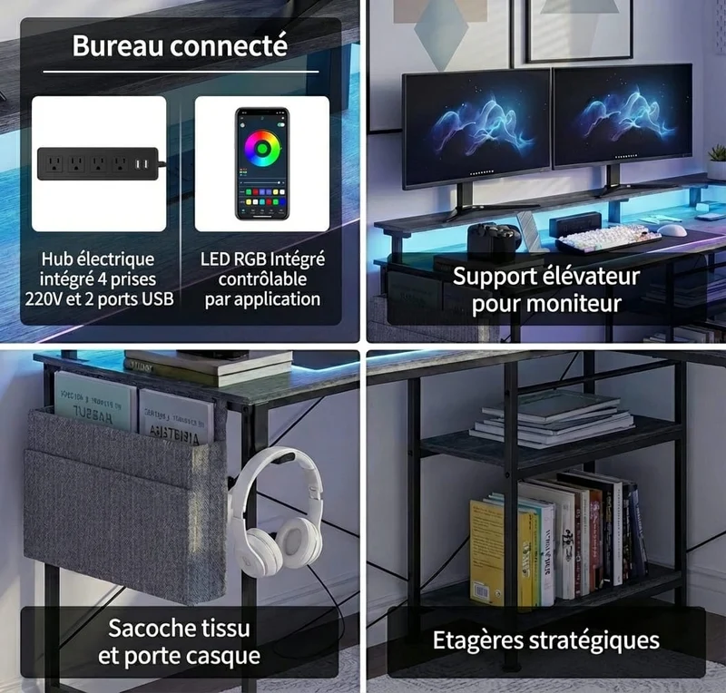 Bureau d'Angle Modulable avec LED RGB et Multiprise Intégrée - Configuration Gaming et Télétravail