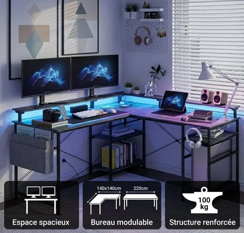 Bureau d'Angle Modulable avec LED RGB et Multiprise Intégrée - Configuration Gaming et Télétravail