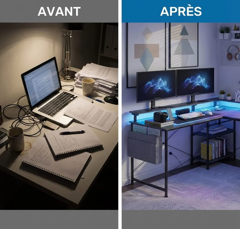 Bureau d'Angle Modulable avec LED RGB et Multiprise Intégrée - Configuration Gaming et Télétravail