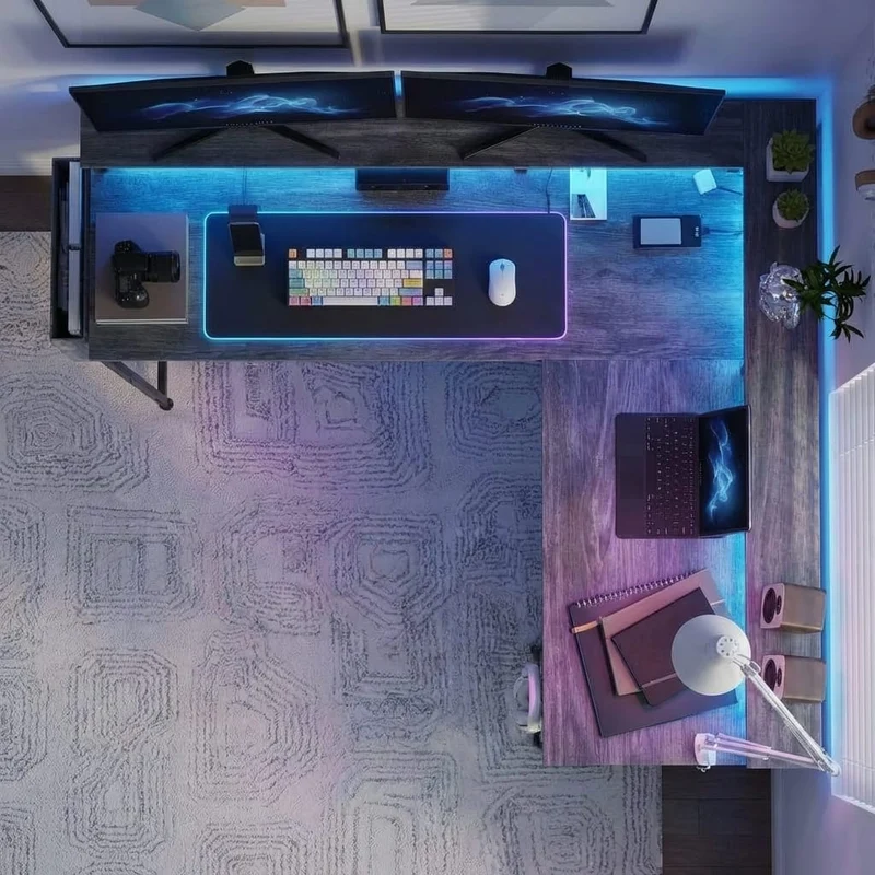 Bureau d'Angle Modulable avec LED RGB et Multiprise Intégrée - Configuration Gaming et Télétravail