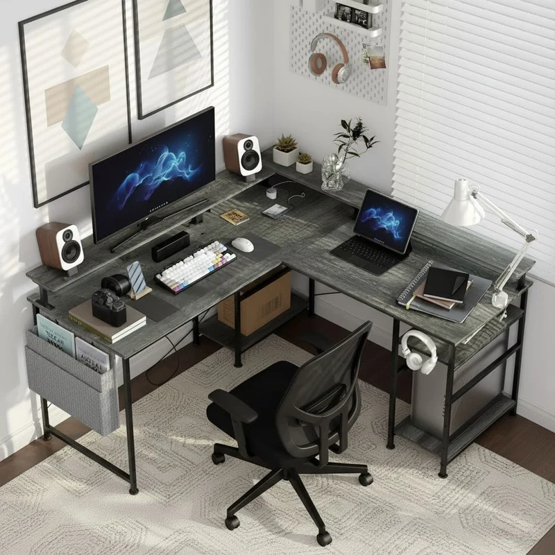 Bureau d'Angle Modulable avec LED RGB et Multiprise Intégrée - Configuration Gaming et Télétravail