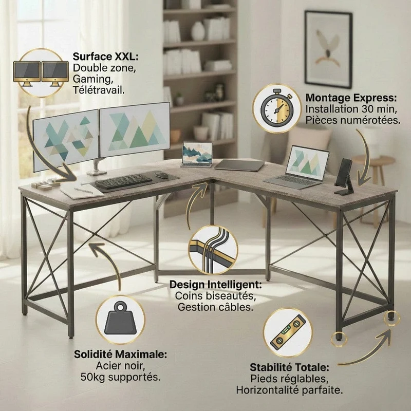 Bureau d'Angle en L 149x149 cm - Station de Travail Gain d'Espace pour Home Office
