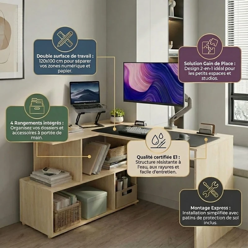 Bureau d'Angle Design 120x100cm : La Station de Travail Ultime avec Rangements Intégrés