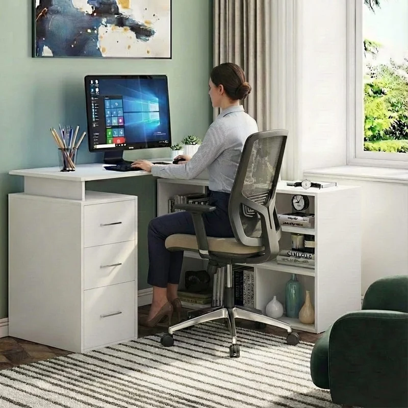 Bureau d'Angle Blanc avec Rangements - Configuration en L pour Télétravail et Home Office