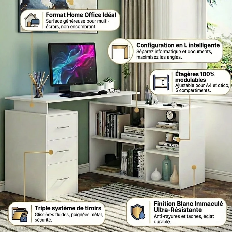 Bureau d'Angle Blanc avec Rangements - Configuration en L pour Télétravail et Home Office