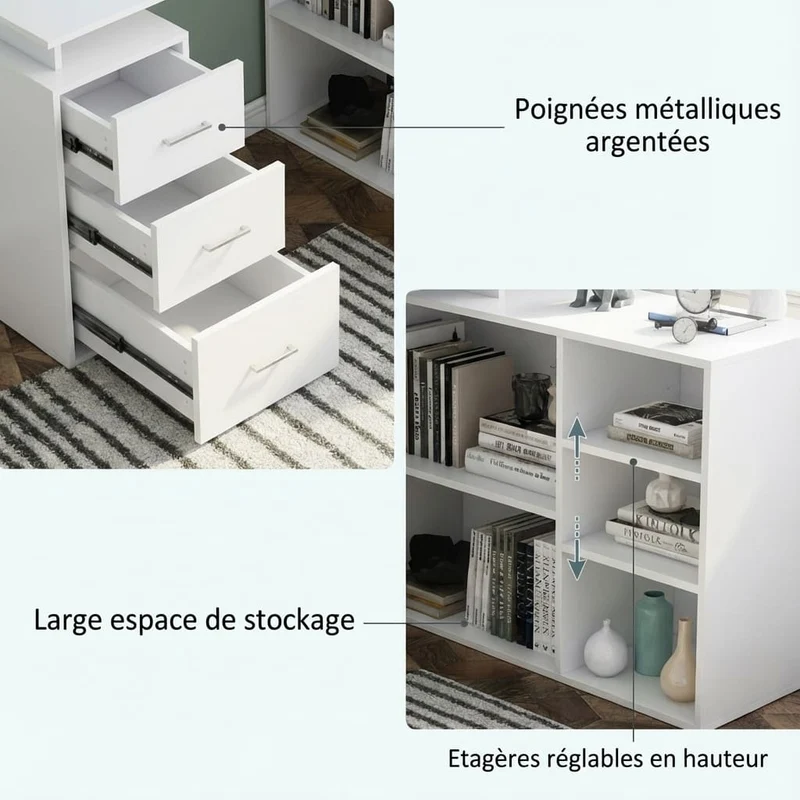 Bureau d'Angle Blanc avec Rangements - Configuration en L pour Télétravail et Home Office