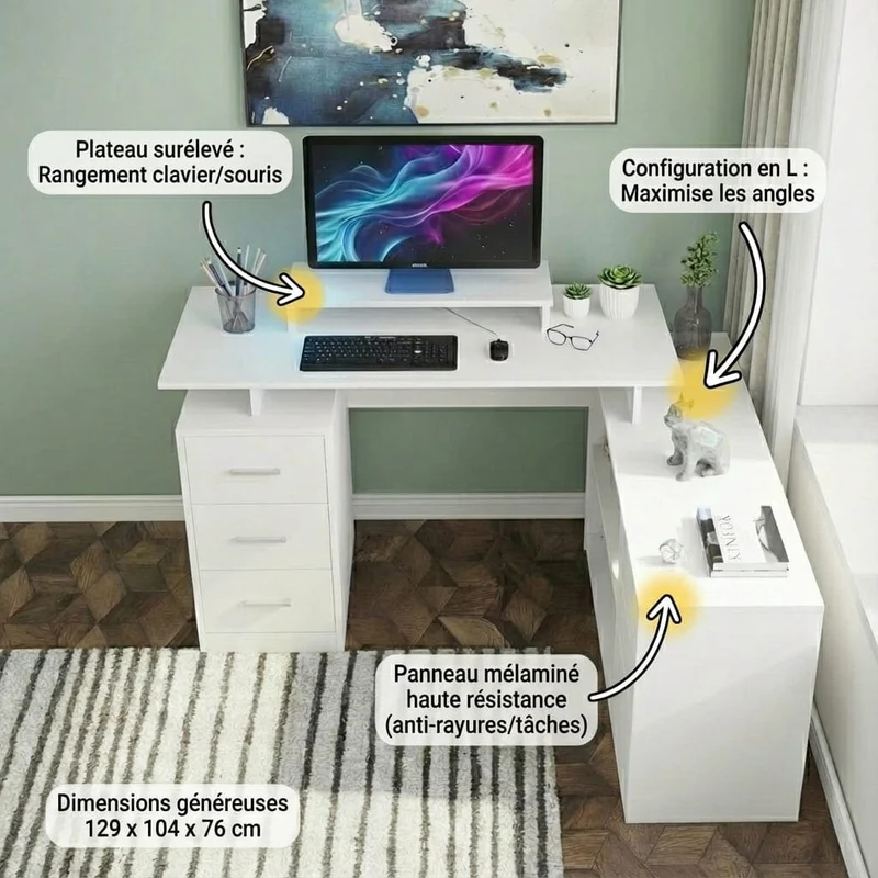 Bureau d'Angle Blanc avec Rangements - Configuration en L pour Télétravail et Home Office