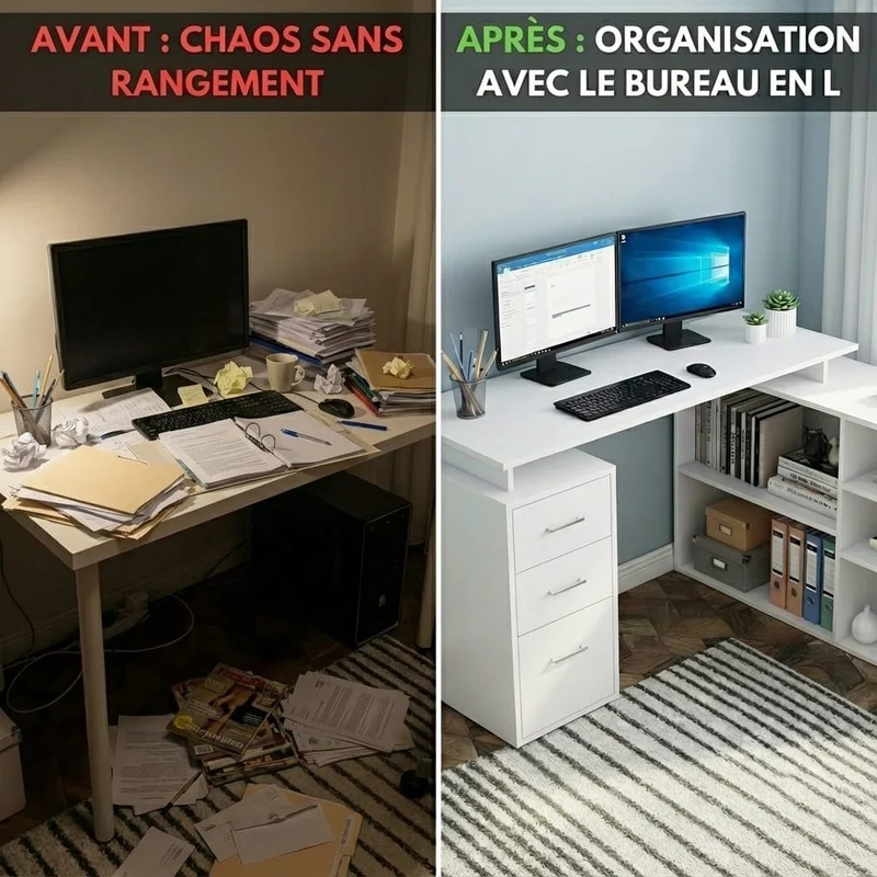 Bureau d'Angle Blanc avec Rangements - Configuration en L pour Télétravail et Home Office
