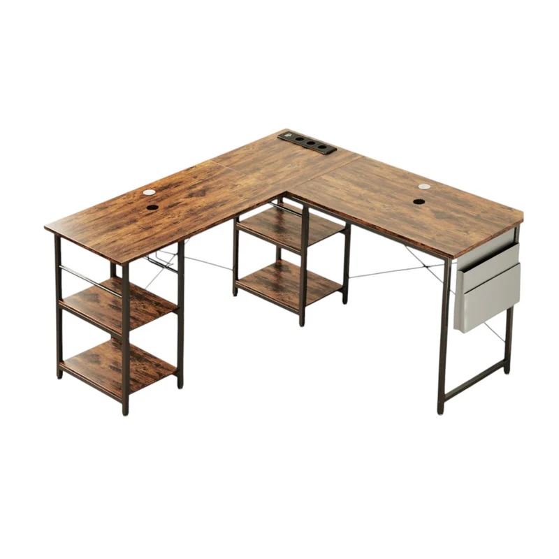 Bureau d'Angle Industriel 140/230 cm avec Rangements et Hub Électrique Intégré