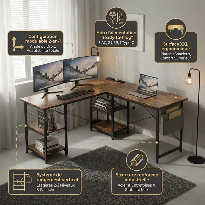 Bureau d'Angle Industriel 140/230 cm avec Rangements et Hub Électrique Intégré
